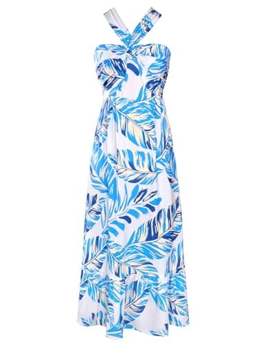 GRACE KARIN Womens Summer Floral Dresses 2026 Boho Maxi Dress Flowy Halter Sundress Casual Vacation Beach Clothes with Pocket Blue Floral L