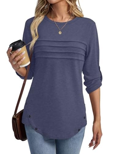 TICTICMISS Women's 3/4 Length Rolled Sleeve Tunic Tops Pleated Crew Neck T Shirts Both Side Buttons Summer Blouses Navy Blue