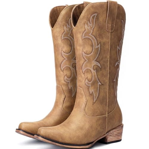 Choiran Cowboy Boots for Women - Mid Calf Cowgirl Boots Western Chunky Heel Pointed Toe Boot with Retro Embroidery, Country Concert Outfit Essentials for Rodeo Festival Tan US 8