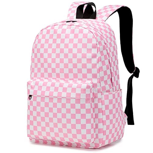 Dezcrab Checkered Backpack for Girls Kids School Bag Teens Women College Bookbag Casual Daypack (Pink)