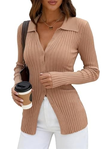 Dressmine Button Down Sweaters for Women Collared Travel Knit Pullover