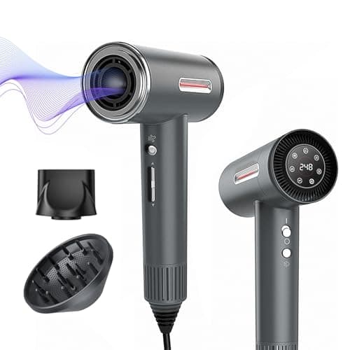 Hyper-Speed Hair Dryer, 180,000 RPM Brushless Motor for 1min Fast Drying, Dual Voltage Travel Blow Dryer with Diffuser & Concentrator, 600M Negative Ions for Frizz-Free Shine, HD Screen, Gunmetal