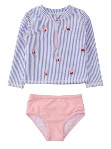 RuffleButts Baby/Toddler Girls Long Sleeve Rash Guard 2 Piece Swimsuit Set w/UPF 50+ Sun Protection with Zipper - Periwinkle Blue Seersucker Peppa Pig, 5