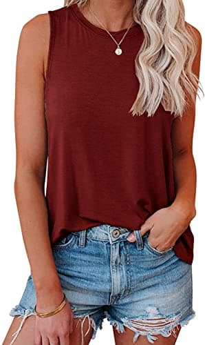 JAWINT Women's Casual Tank Tops Summer Crewneck Sleeveless Tunic Flowy Loose Shirts Wine Red