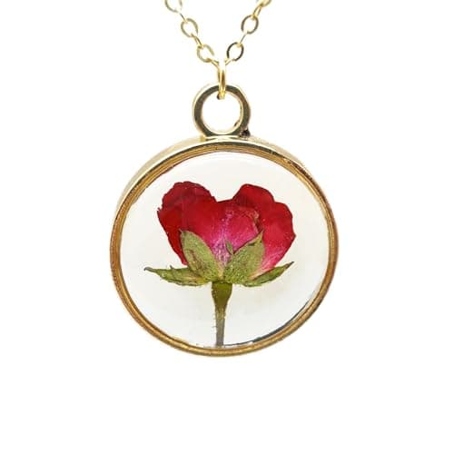 Red Rose Flowers Natural Rosa Pendant 18k Gold Plated Necklace for Women