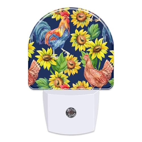 sndheke Vintage Hen Rooster with Sunflowers Night Light, Watercolor Farm Animals Floral Dusk to Dawn Night Light Plug in,0.5w Energy Saving Sleep Friendly NightLight for Kids Boys Girls Home Decor
