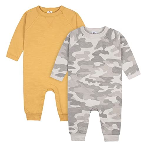 Gerber Baby Boys 2-Pack Long Leg Romper, Grey and Yellow, 0-3 Months