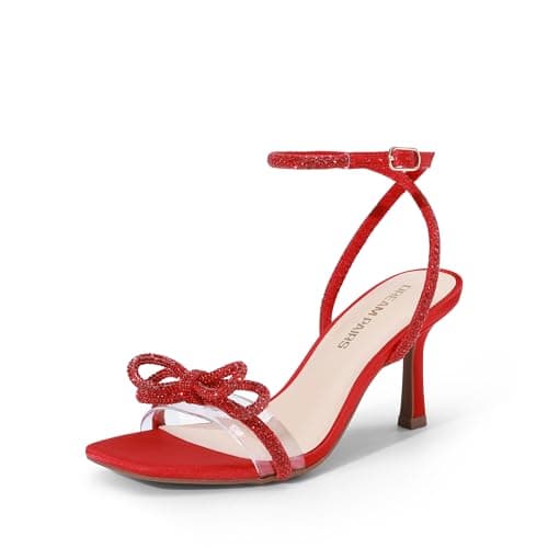 DREAM PAIRS Women's Double Bowknots Heels Open Square Toe Ankle Strap Crystal Rhinestone Dress Sandals for Party Wedding,Size 7,Red-Satin,DWUMHS2530