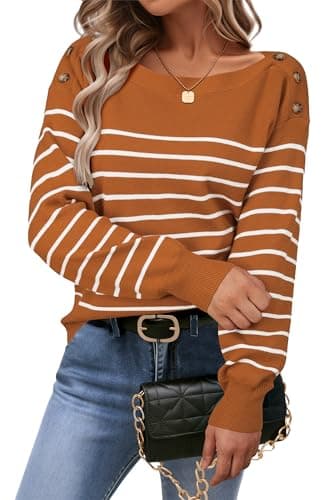 Arach&Cloz Women's Wool Blend Striped Boat Neck Fall Dressy Casual Tops Business Casual Thanksgiving Outfits Halloween Shirts Clothes Clothing Trendy Long Sleeve Sweaters 2025 Orange White S