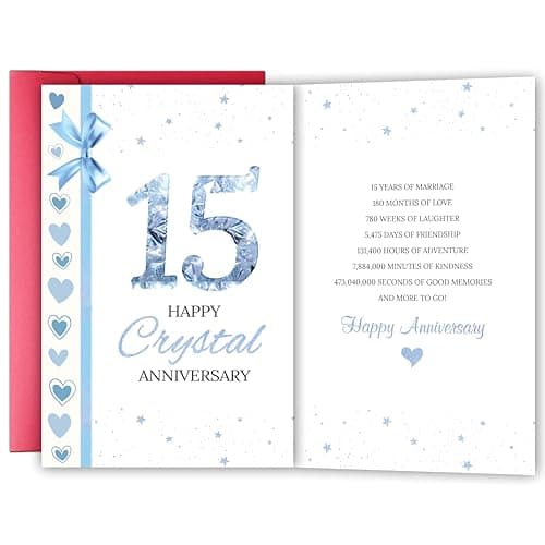 Happy 15 Year Anniversary Card for Wife Husband, Crystal Wedding Anniversary Card for Couples Him Her, Romantic 15th Marriage Milestone Gift