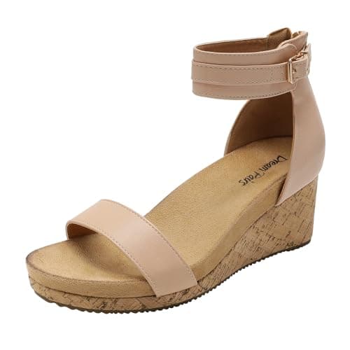 DREAM PAIRS Women's Open Toe Buckle Ankle Strap Platform Wedge Sandals Summer Shoes,Size 5,Nude/Pu,NINI-6