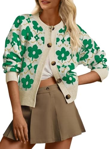Saodimallsu Womens Flower Pattern Cardigan Green Floral Sweaters Soft Long Sleeve Vintage Christmas Knit Outwear 2026