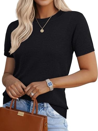 SLOWCOLIN Women's Wool Blend Short Sleeve Sweater Lightweight Business Casual Knit Pullover Top Black Small
