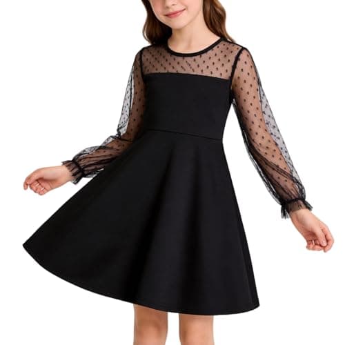 MIANZHI Girl's Contrast Mesh Puff Long Sleeve High Waist A Line Short Dress for Party School Day Birthday 5-14 Years Black