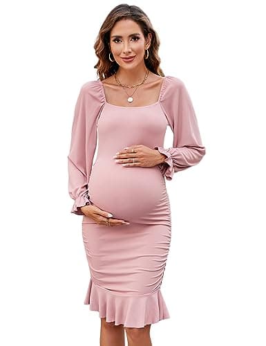 BeautyNee Women's Maternity Ruffle Hem Mermaid Baby Shower Dress Square Neck Puff Long Sleeve Off Shoulder Maternity Dress L