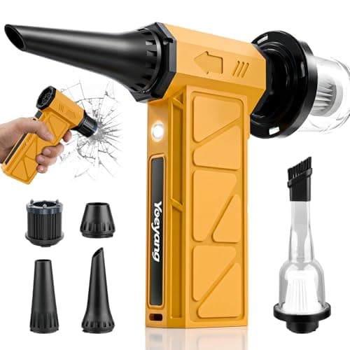 Compressed Air Duster, Industry-First O-Shaped Air Duct with 13-Blade Dual-Layer Turbo Fan, 6-in-1 Cordless Mini Blower, Vacuum & Inflator,4-Speed, LED Light & Window Breaker for Car Home, Yellow