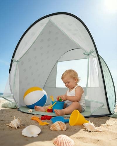 WEMOH Baby Beach Tent, 2026 Upgrade Pop-Up UPF 50+ Sun Protection with Mosquito Net Shelter Canopy Portable Outdoor Shade Summer Essentials for Babies Toddlers- Green Leaves