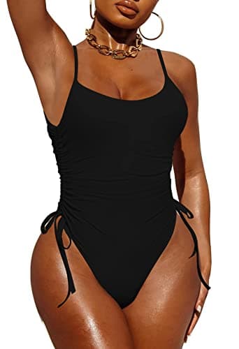 Pink Queen Womens One Piece Swimsuit Ruched High Cut Tummy Control Bathing Suit Swimwear Black L