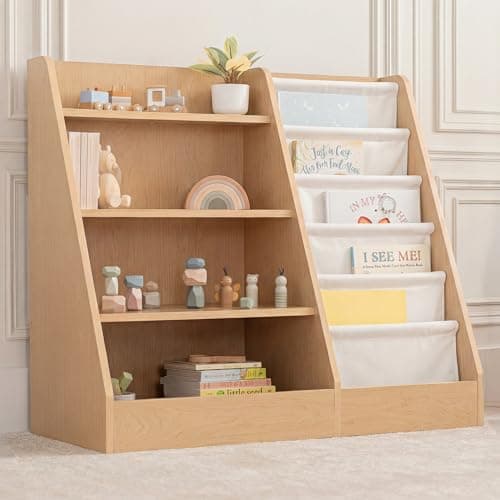 Comfy Cubs Kids Bookshelf 35.2 x 15.7 x 31.5 Inches - Sturdy MDF Montessori Book Shelf with Soft & Hard Shelves for Toys & Books - Child-Friendly, Easy Access Storage Organizer for Kids - Wood