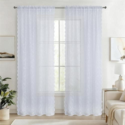 Taisier Hoome White Lace Curtains 96 Inch Length 2 Panels Set, Rustic Branch Leaf Floral Pattern Lace Curtain Panels for Bedroom, Rod Pocket Light Filtering Privacy Lace Window Drapes, 58 x 96 Inch