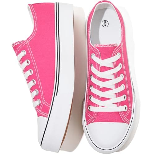 FRACORA Womens White Canvas Sneakers Black Tennis Shoes(Hot Pink,US6)