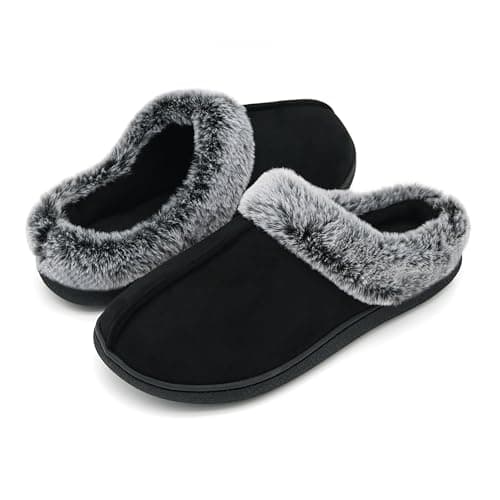 Boonble Memory Foam Home Slippers for Women, Fluffy Fuzzy Plush Womens House Shoes for Indoor Outdoor Bedroom, Cute Comfy Microsuede Scuff for Ladies Black 6