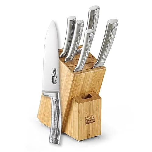 Cooks Standard Classic 6-Piece Kitchen Cutlery Block Set with Knifes, Stainless Steel Forge High Carbon German Blade with Expandable Bamboo Storage Block for Extra Slots