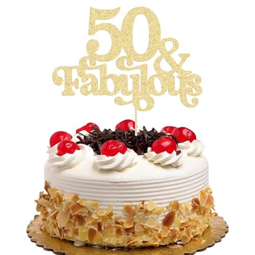 Ephlyn 1Pc 50 & Fabulous Cake Topper Glitter Fifty and Fabulous Cake Toppers Happy 50th Birthday Cake Pick for 50th Wedding Anniversary Birthday Party Decorations Supplies Gold