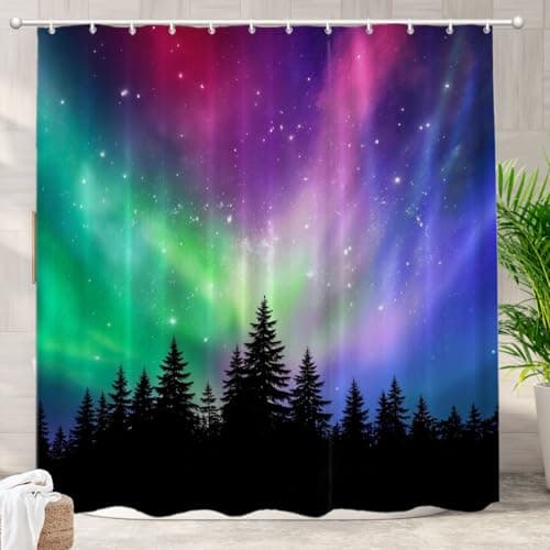 Batmerry Purple Phenomenon Forest Decor Shower Curtain,Colorful Natural Northern Lights Bathroom Decor Polyester Plastic Rings Quick-Drying Waterproof for Bathtubs/Bathroom, 72x72 inches