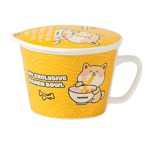TOPWCK Ceramic Ramen Bowl with Lid, handle, 34 Oz, Animal Cartoon Design, Microwave and Dishwasher Safe (Foodie Puppy)