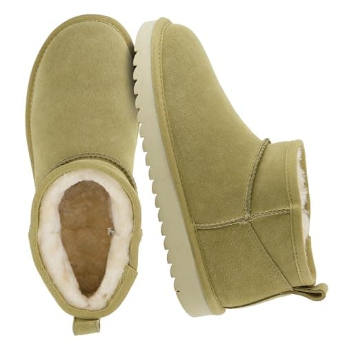 CUSHIONAIRE Hip 2 Genuine Suede Ankle Boots for Women, Cozy Faux Shearling Lining Pull On Winter Womens Boots, KHAKI 8W