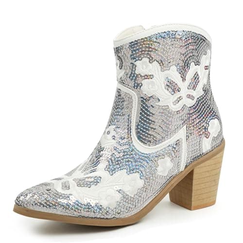 JABASIC Women Western Cowboy Ankle Boots Low Cowgirl Boots with Zipper Short Pointed Toe Booties (8.5,White)