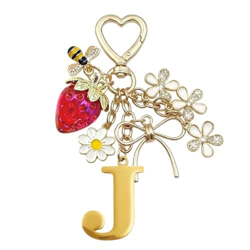 YesMvpMvp Initial J Keychain for Women,Strawberry Flower Bag Charm with Gold Letter,Cute Purse Charm for Handbags, Backpacks and Keys(Strawberry–Letter J)