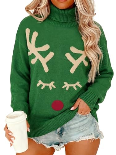 OUNAR Christmas Sweaters for Women Ugly Christmas Turtleneck Sweater Green