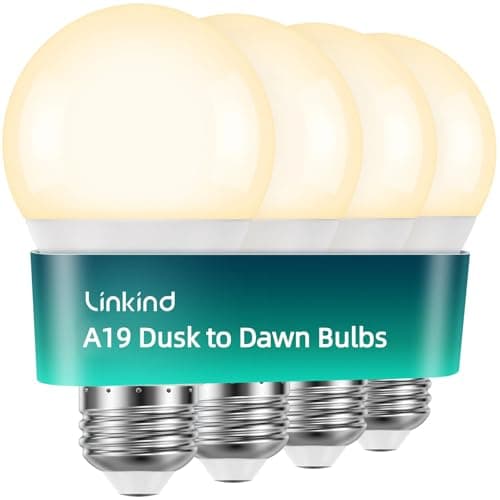 Linkind Dusk to Dawn Light Bulbs Outdoor, A19 Sensor Led Bulbs Automatic On/Off, 9.5W led Light Bulbs, 75 Watt Equivalent, 1200 Lumen, E26 Base, ETL&FCC Listed, 2700K Soft White, 4 Pack