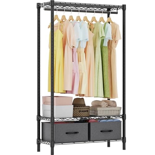 M MZG Heavy Duty Rolling Garment Rack 3 Tiers Adjustable Wire Shelving with Rod, Storage Closet Clothing Rack with Drawers Dark Grey, 15.8" D x 35.5" W x 72.4" H