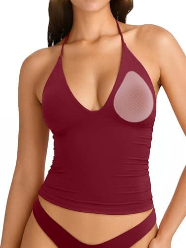 SUUKSESS Women Double Lined Halter Tank Top Summer Padded Deep V Neck Going Out Tops Sleeveless Basic Shirts (Wine, Small)