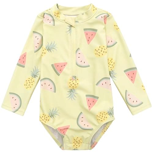 Gerber Baby Girls Toddler Long Sleeve One Piece Rashguard Swimsuit, Yellow Fruit, 18 Months