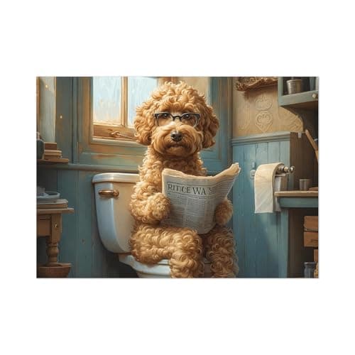 Funny Dog Shower Cute Teddy Dog Sit Retro Toilet Canvas for Bathroom Decor Sea Art Hawaiian Decor Coastal Wall Decor Canvas Print Ready To Hang