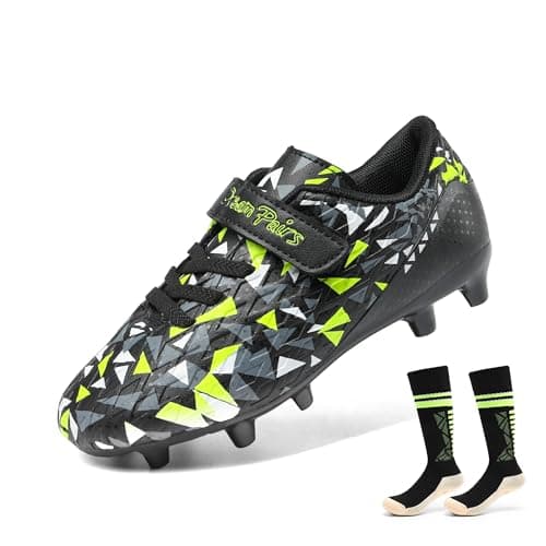DREAM PAIRS Boys Girls Soccer Cleats Kids Firm Ground Football Shoes for Little/Big Kid with Soccer Socks,Size 12 Little Kid,Black/Neon Green,SDSO2307K-ACC-1