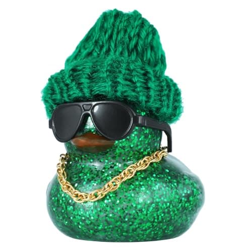 Jyeennar Green Car Rubber Duck with Knit Hat, Glasses, Gold Chain - Funny Rubber Ducks for Jeeps Car Dashboard Decorations, Small Rubber Ducks Accessories