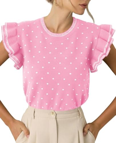 Saodimallsu Womens Ruffle Short Sleeve Sweaters Polka Dots Casual Crew Neck Flutter Sleeve Knit Summer Tops Pink