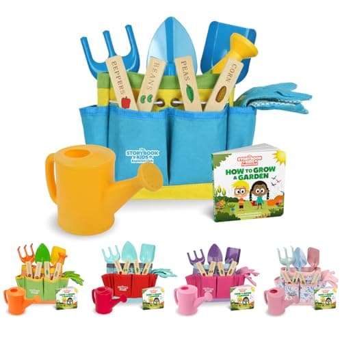 Kids Gardening Set – Toddler Gardening Kit Includes Watering Can for Kids, Shovel, Rake, Plant Stakes, Kids Gardening Gloves, Tote Bag & STEM Learning Gardening Guide Book - Garden Tool Set Blue