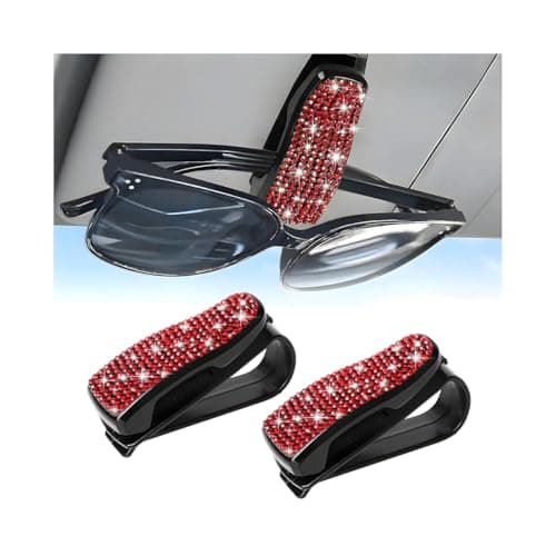 HZEL 2PCS Bling Sunglasses Holder for Car Visor, Crystal Rhinestone Sun Visor Eyeglasses and Ticket Card Mount Clip, Shiny Diamond Auto Glasses Hanger Holder, Universal for Vehicles (Red)