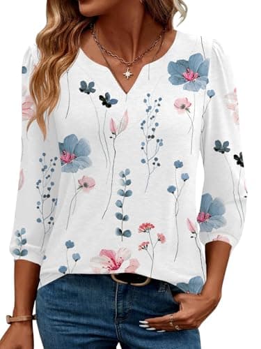 LUYAA Womens Blouses 3/4 Length Sleeve Dressy Casual V Neck Puff Sleeve Floral Printed Quarter Sleeve Blouse Loose Fit Work Tunic Shirt Ladies Business Summer Trendy T Shirt