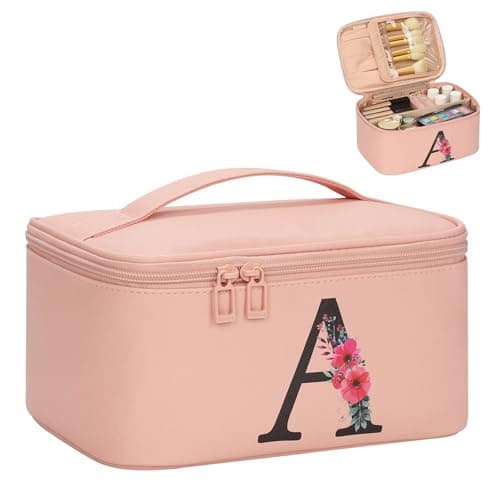 OCHEAL Initial Makeup Bag,Monogram Make up Bag Pink Travel Makeup Organizer Case Beauty Toiletry Cosmetic Bag with Brush Holder, Trendy Stuff Personalized Gifts for Women and Girls-A