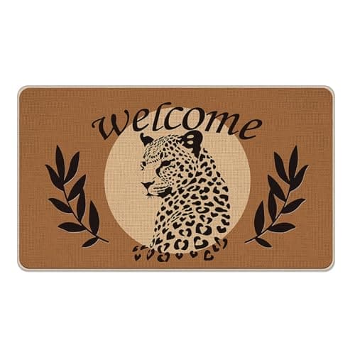 Livcoz Vintage Leopard Welcome Front Door Mat, Retro Wild Cheetah Leaves