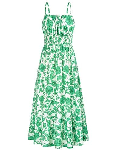 GRACE KARIN Summer Dresses for Women 2026 Vacation,Smocked Floral Maxi Dresses,Boho Beach Long Sundress Green Floral XXL