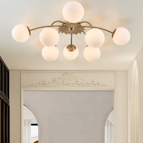 Longree 8-Light Blossom Milk Glass Flush Mount Ceiling Lights Gold and White Sputnik Chandelier, Opal Glass Bubble Starburst Light Fixture for Dining Bedroom Living Entry