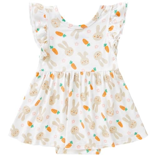 pureborn Baby GIrls Viscose from Bamboo Bodysuit Dress Ruffle Sleeve Romper Twirl Skirt Playwear Dresses Rabbit 18-24M